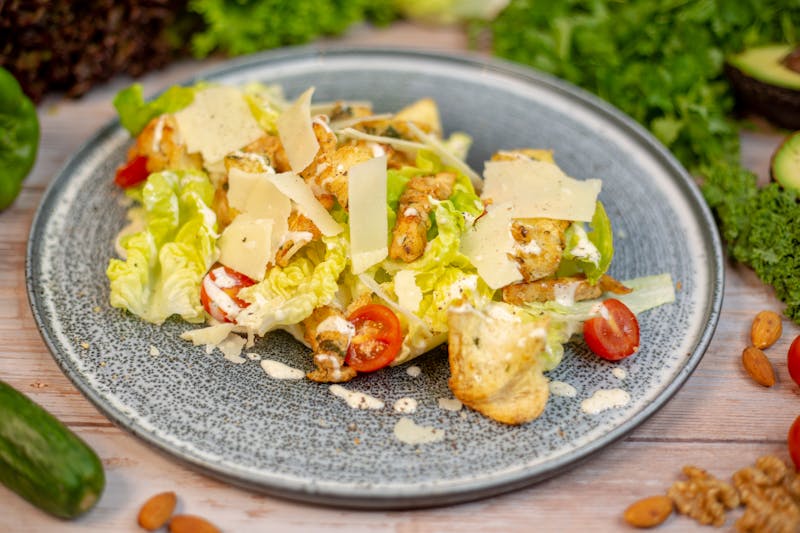 Caesar salad with romaine lettuce and croutons